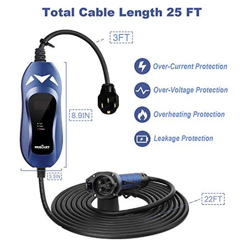 Image of MUSTART Level 2 Portable EV Charger (240 Volt, 25ft Cable, 40 Amp), Electric Vehicle Charger Plug-in EV Charging Station with NEMA 14-50P (Update Version)