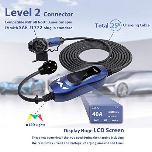 MUSTART Level 2 Portable EV Charger (240 Volt, 25ft Cable, 40 Amp), Electric Vehicle Charger Plug-in EV Charging Station with NEMA 14-50P (Update Version)