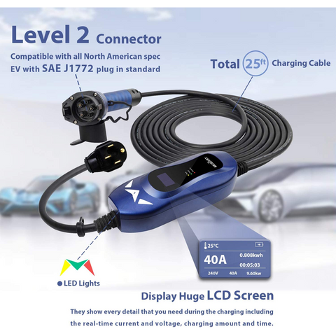 Image of MUSTART Level 2 Portable EV Charger (240 Volt  25ft Cable  40 Amp)  Electric Vehicle Charger Plug-in EV Charging Station with NEMA 14-50P (Update Version)